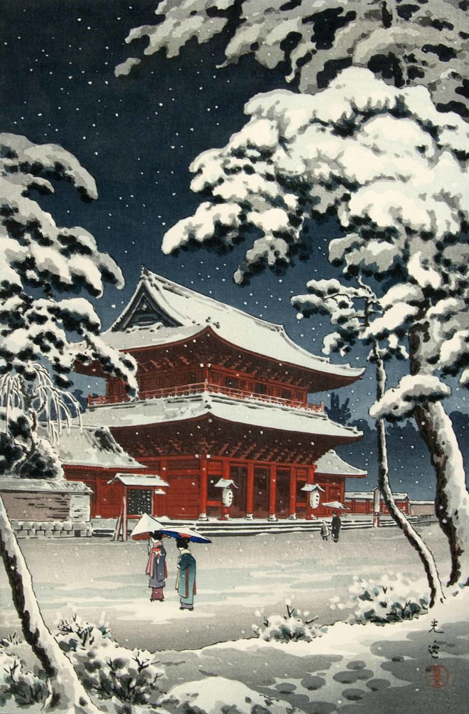 Tsuchiya Koitsu, Japanese 1870-1949, Snow at Zojoji, 1933. Image of Daiden (Hondo) main hall of temple Family temple of Togukawa in Edo. Courtesy of the Hyde Collection and the University of Syracuse