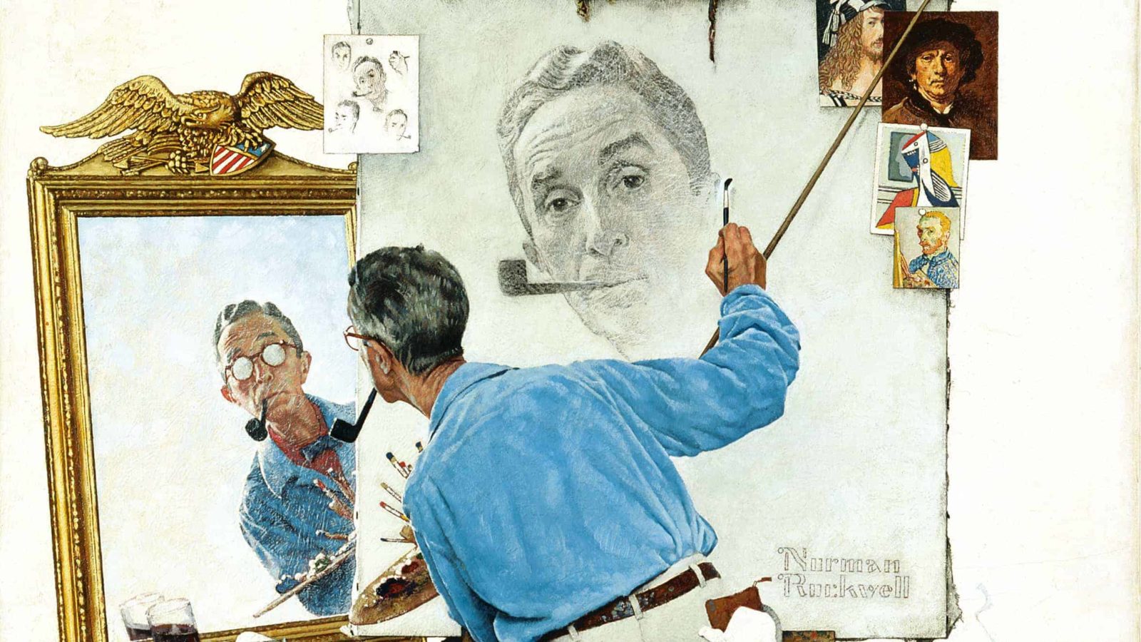 Close-up of Norman Rockwell's Triple Self Portrait.