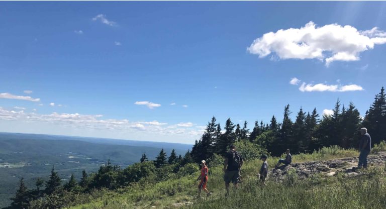 Hikers at the summit of Mount Greylock look out over the town of Adams.