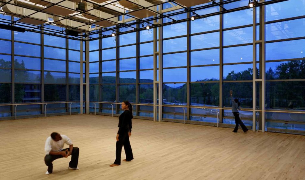 The dance studio at the '62 Center at Williams College looks out at the mountains.