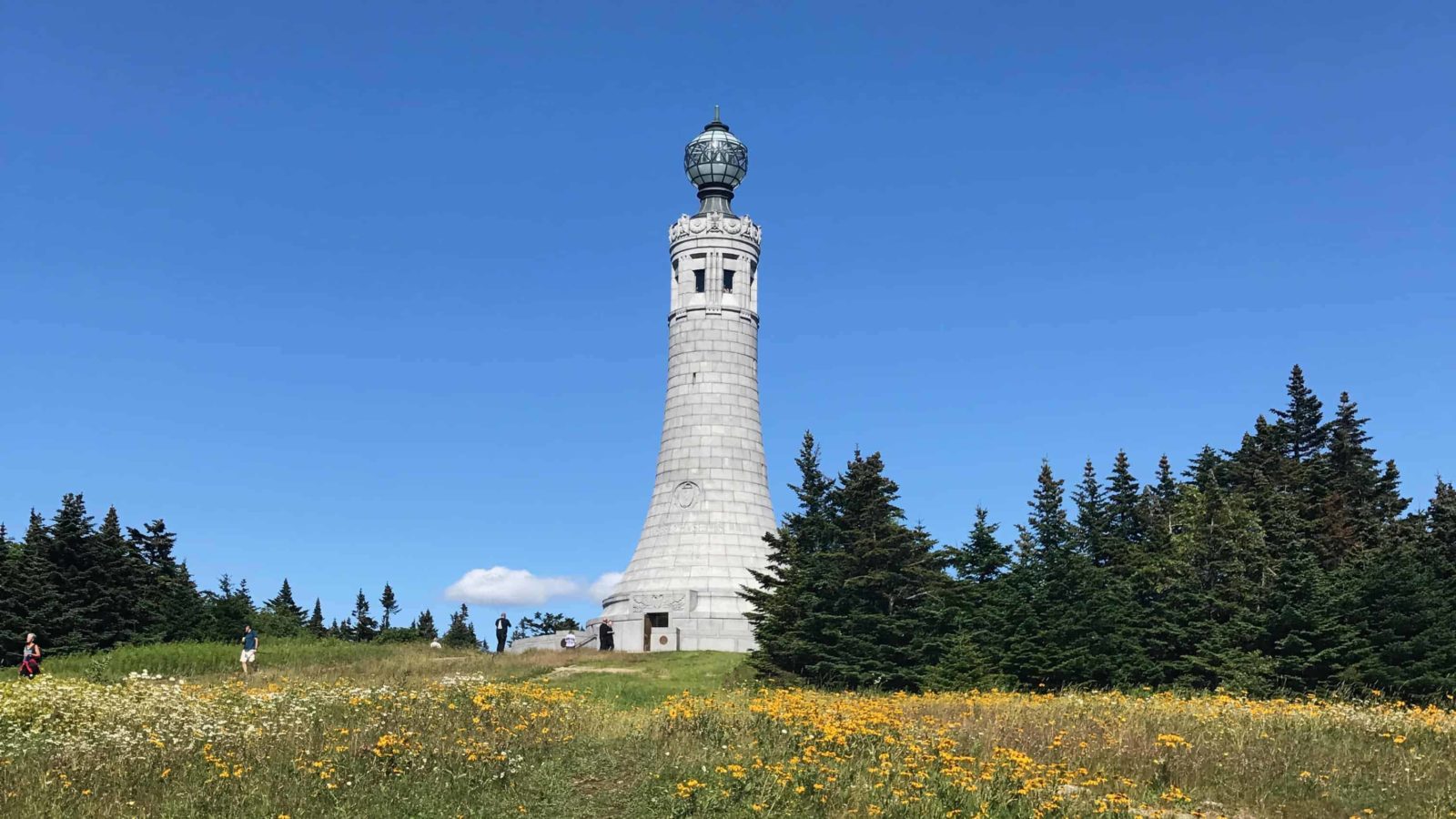 The lighthouse at the summit of Mount Greylock stands high above the meadow.