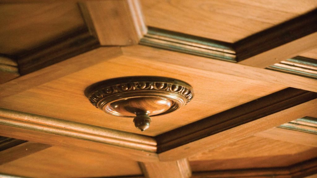 The ceilings are embossed with woodcarving at Ventfort Hall in Lenox.