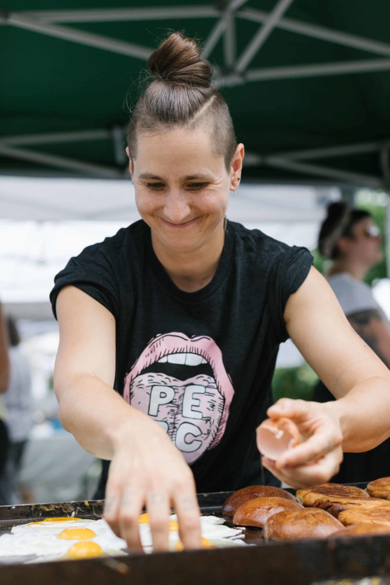 Farm fresh eggs fry for breakfast sandwiches at the Great Barrington Farmers Market. Press photo courtesy of the market.