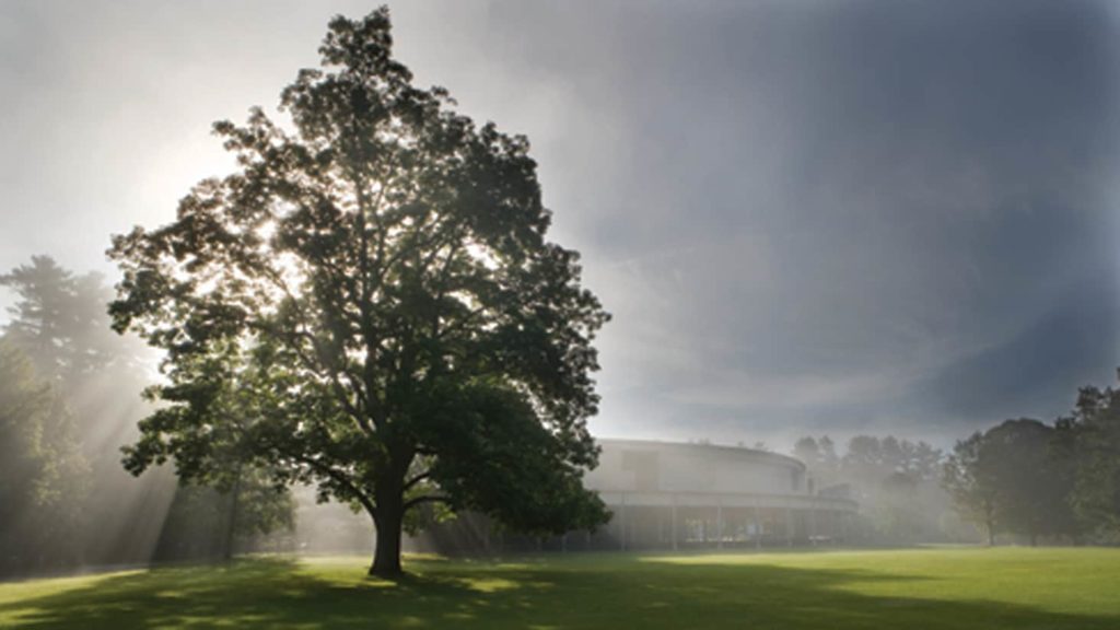 Tanglewood lawn and shed on a misty day in Lenox. Photo by John Ferrilo, courtesy of Tanglewood.