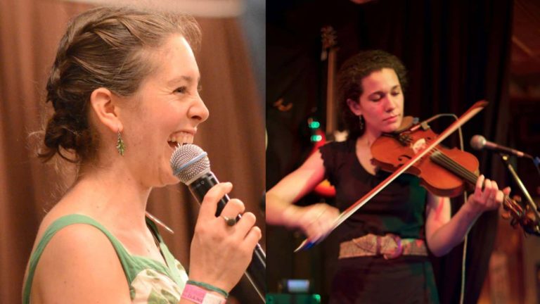 Fiddler Annika Amstutz (left) and caller Quena Crain (right) enlivened the North Berkshire community dance on Sept. 14.