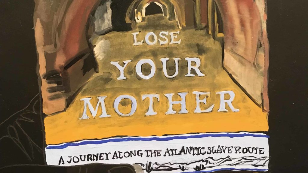 A closeup of an artwork that honors Saidiya Hartman's book 'Lose Your Mother' in Cauleen Smith's BLK FMNNST Loaner Library 1989–2019 at Mass MoCA.
