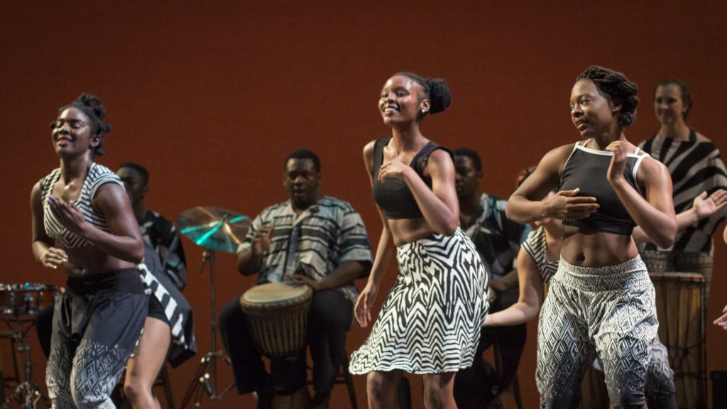 Dancers in Kusika, the African dance ensemble at Williams College. Photo by David Dashiell, courtesy of Williams College.