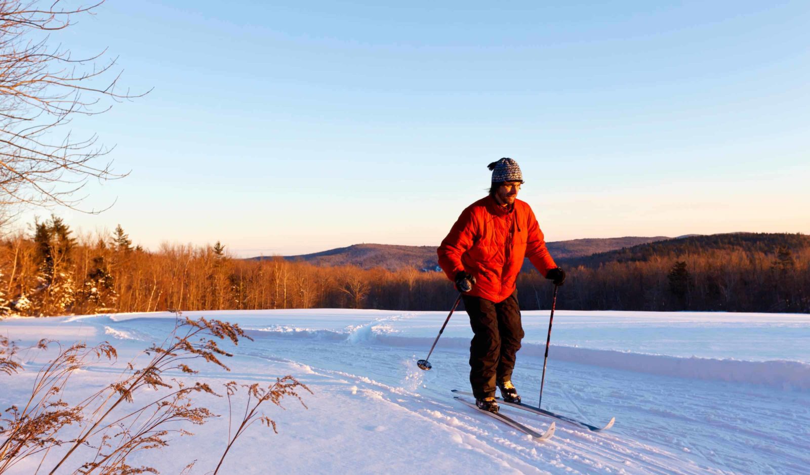 A man cross-country skiing in a field at the Notchview Reservation in Windsor.