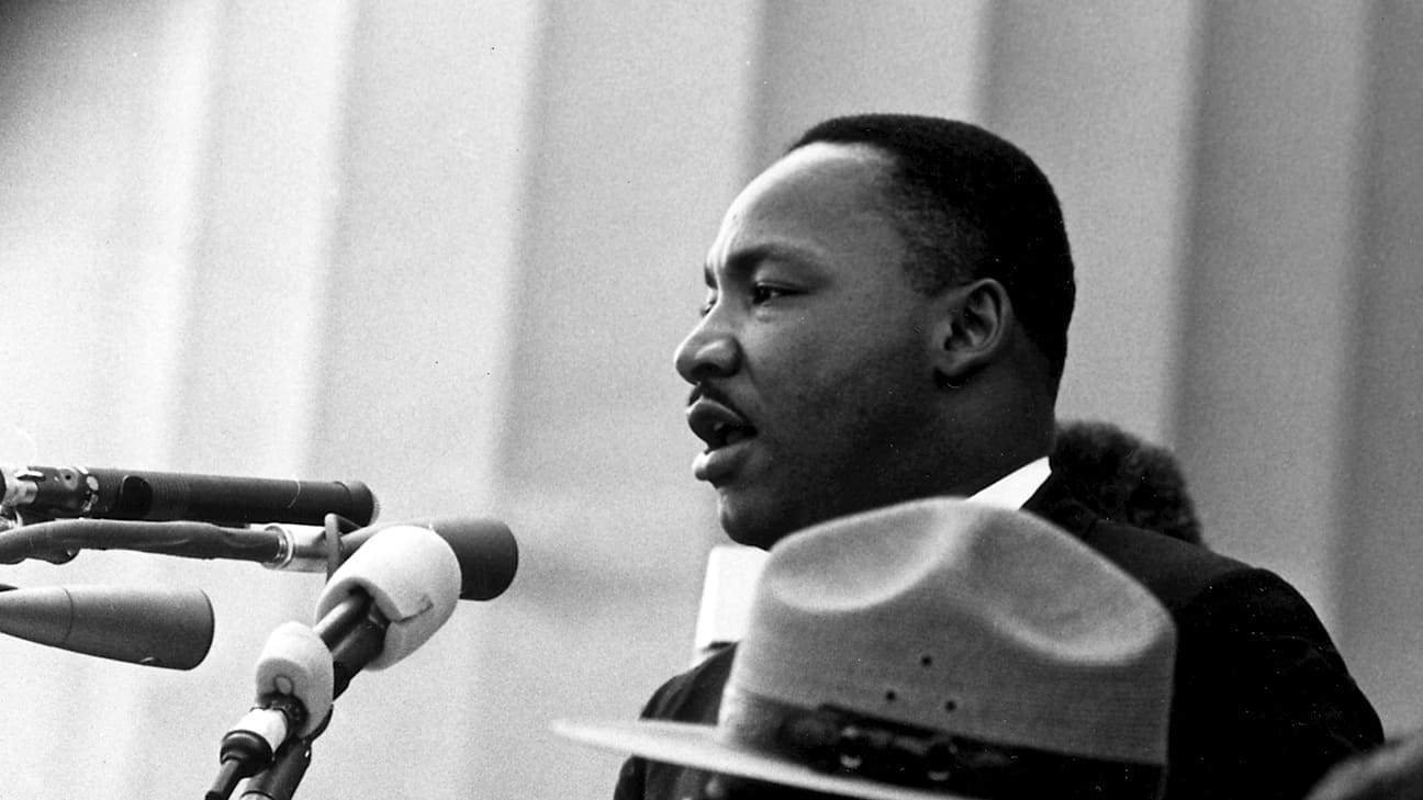 Martin Luther King Jr. gives his "I Have a Dream" speech during the March on Washington in Washington, D.C., on 28 August 1963.