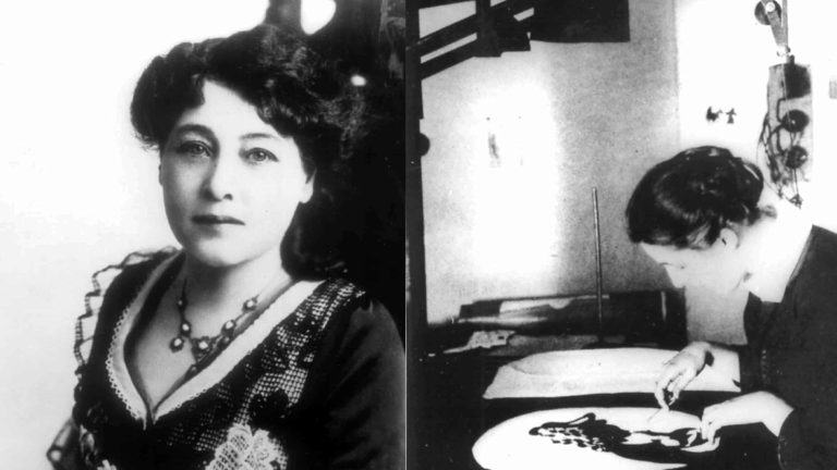 The pioneering French film Alice Guy sits at left (public domain photo), and the German pioneer of silhouette animation film Lotte Reiniger works at right.