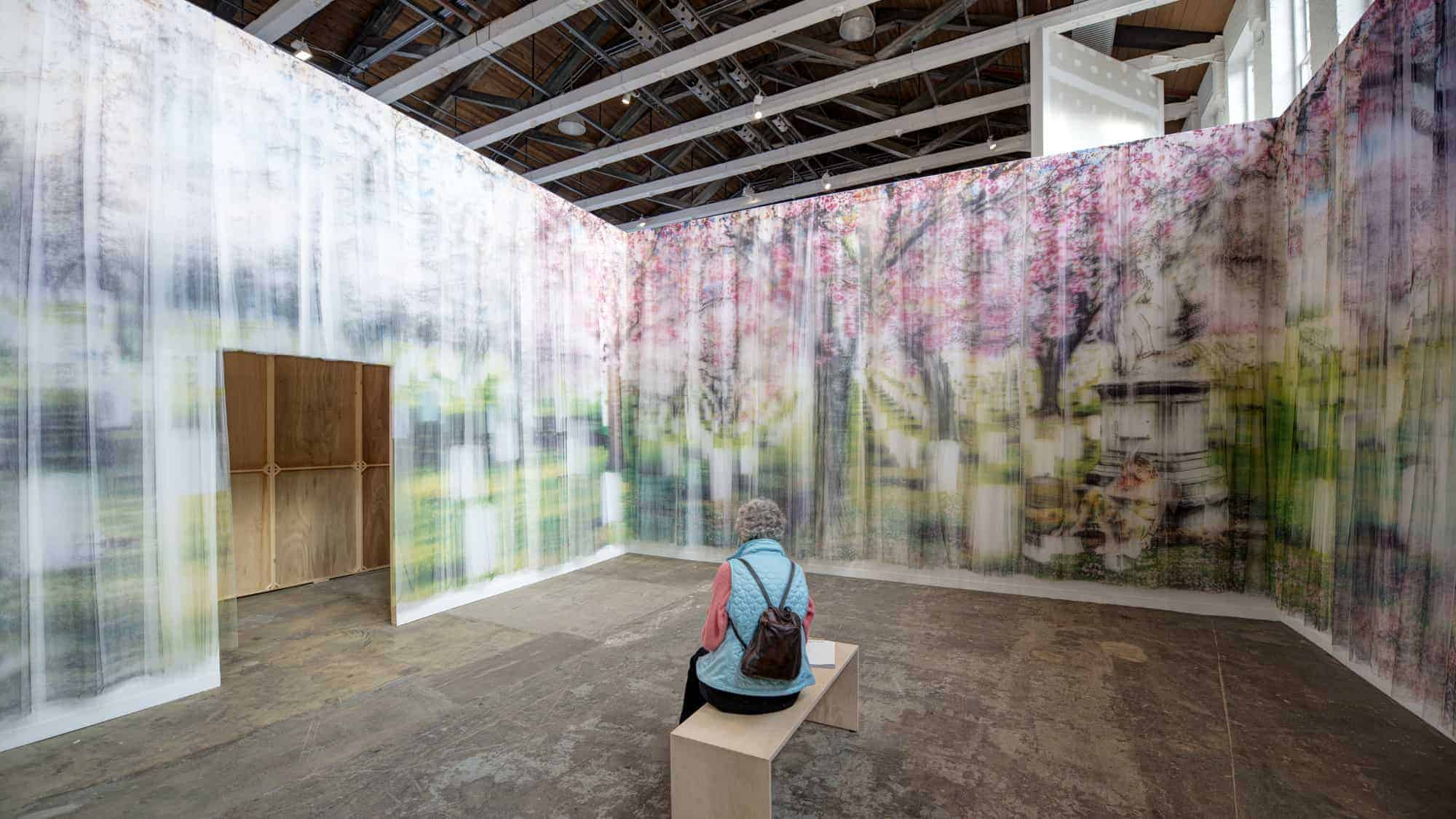 A closeup of the bright rooms in Izhar Patkin's, 'The Wandering Veil,' a work created in collaboration with the poet Agha Shahid Ali, at Mass MoCA in 2014. Press photo courtesy of Mass MoCA