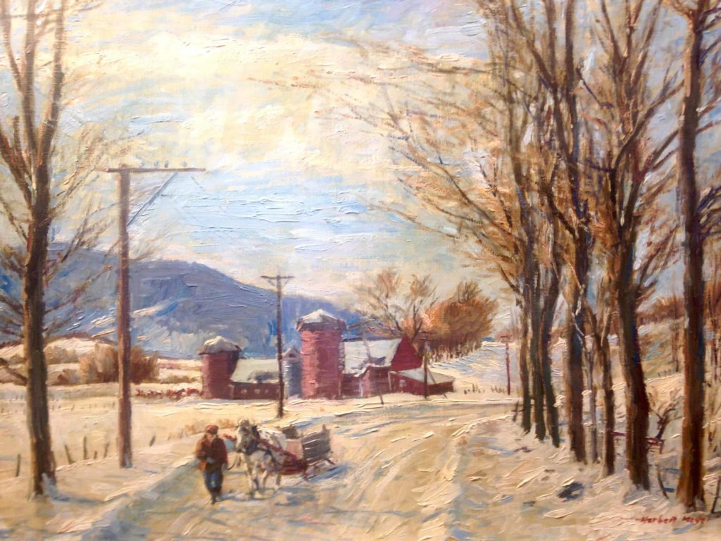 A team walks up a country road in the snow in 'Ploughing, Vemont' by Herbert Meyer. Image courtesy of the Southern Vermont Arts Center.