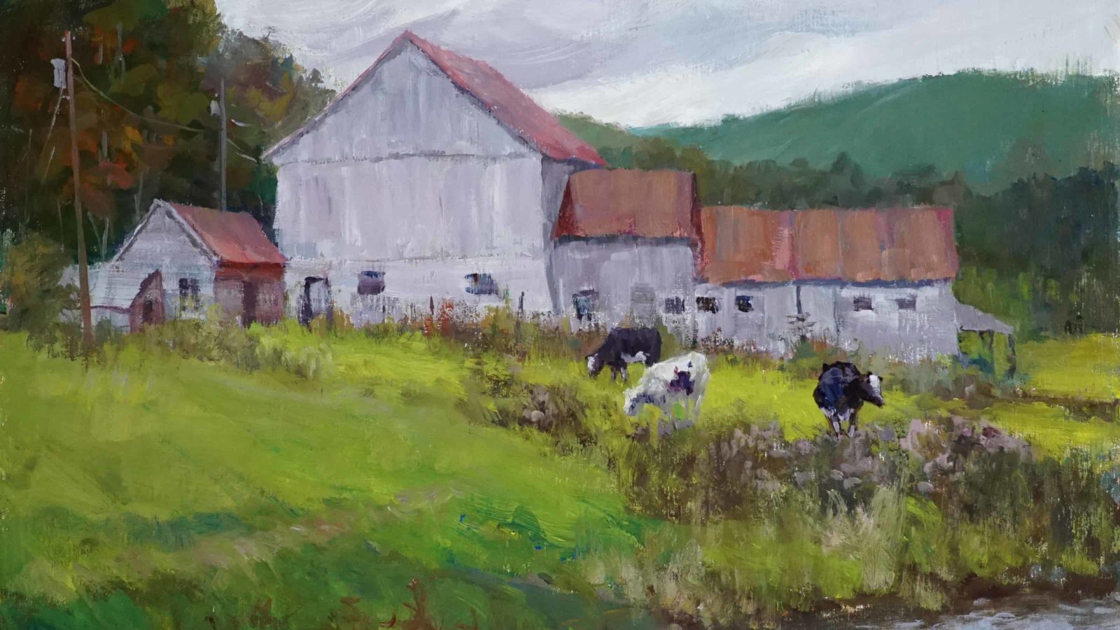 Dairy cows graze out to pasture in Joe Anna Arnett's painting 'Barns on the Battenkill' at the Southern Vermont Arts Center in Manchester, Vt., in summer 2018.