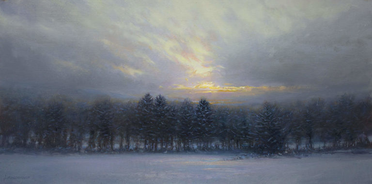 Sunlight gleams through clouds in Artist John MacDonald's Long Winter Dusk.