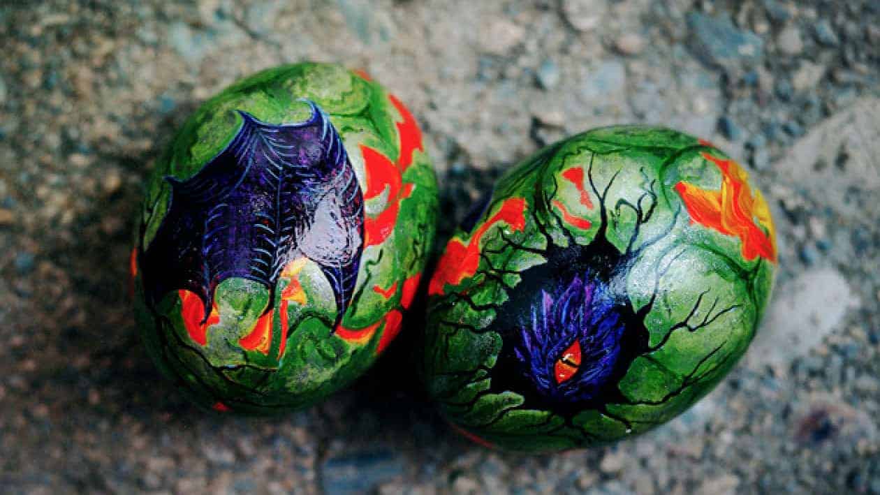 An anonymous Berkshire artist, the Guerilla Bunny, paints bright and detailed eggs and hides them as community art projects. Press image courtesy of the artist.