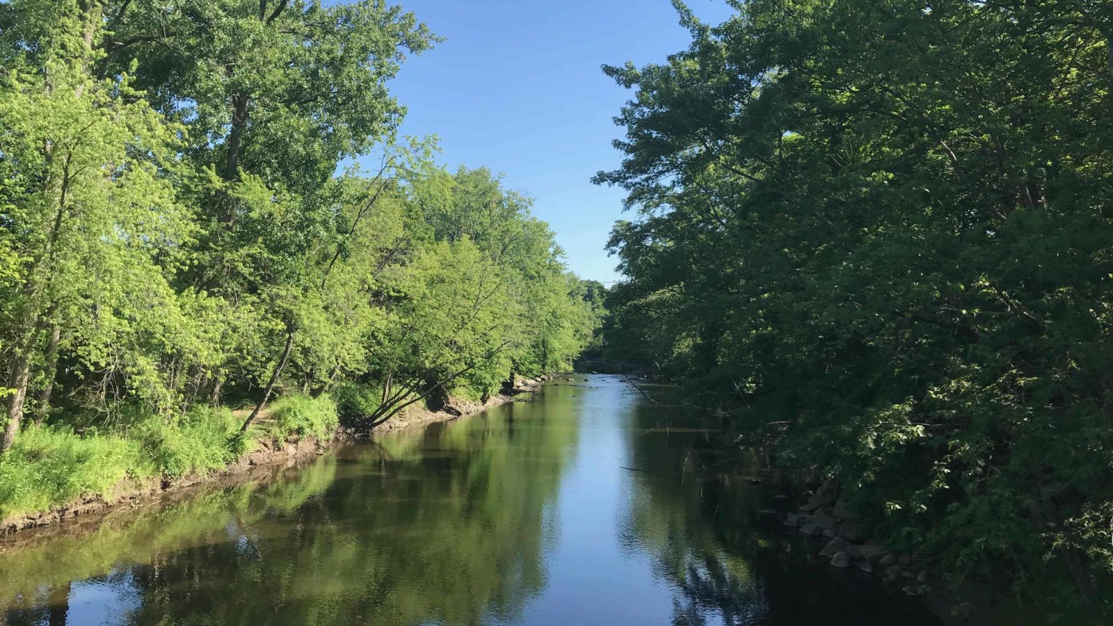 The Housatonic River glimmers in morning light in Great Barrington.