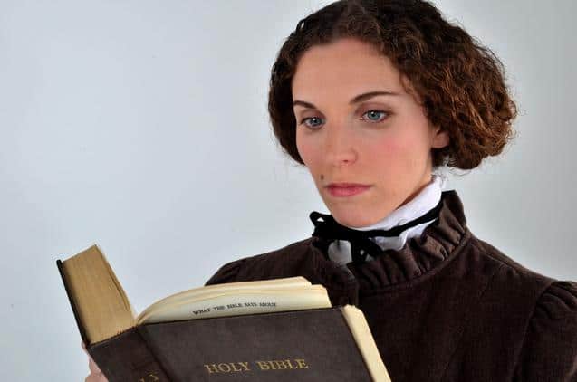 Living historian and historical interpreter Judith Kalaora performs as Lucy Stone. Press photo courtesy of the artist.