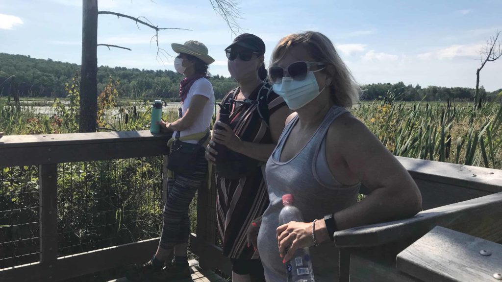 Mindy Miraglia, center, rests with Edi Pasalis and Kathy Bonzani on a Berkshire Camino guided walk at Parsons Marsh.