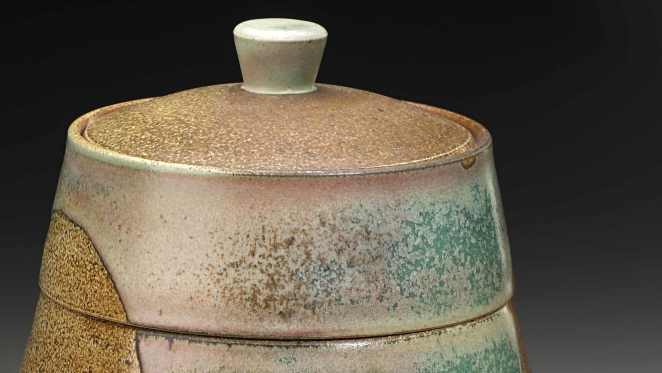 Maya Machin's tiered vessel shades from dun to amber to jade.