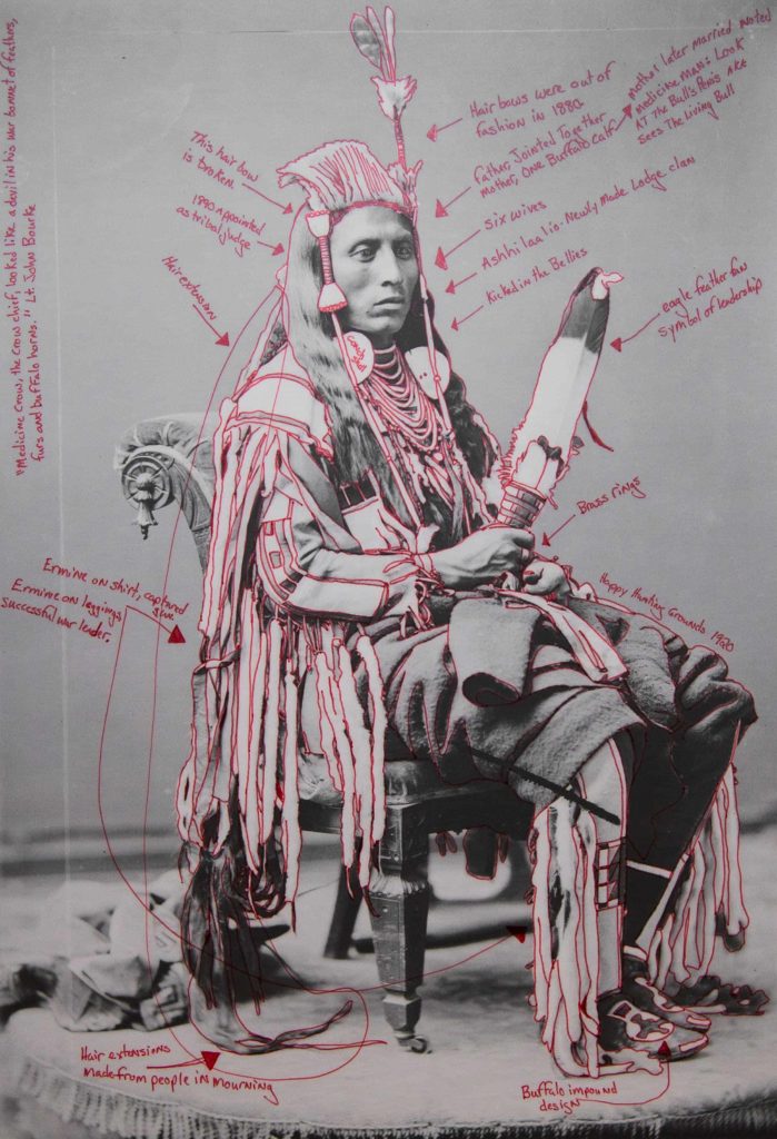 Wendy Red Star draws out stories in a portrait of Peelatchiwaaxpash / Medicine Crow (Raven). Photo Courtesy of the artist and Mass MoCA.