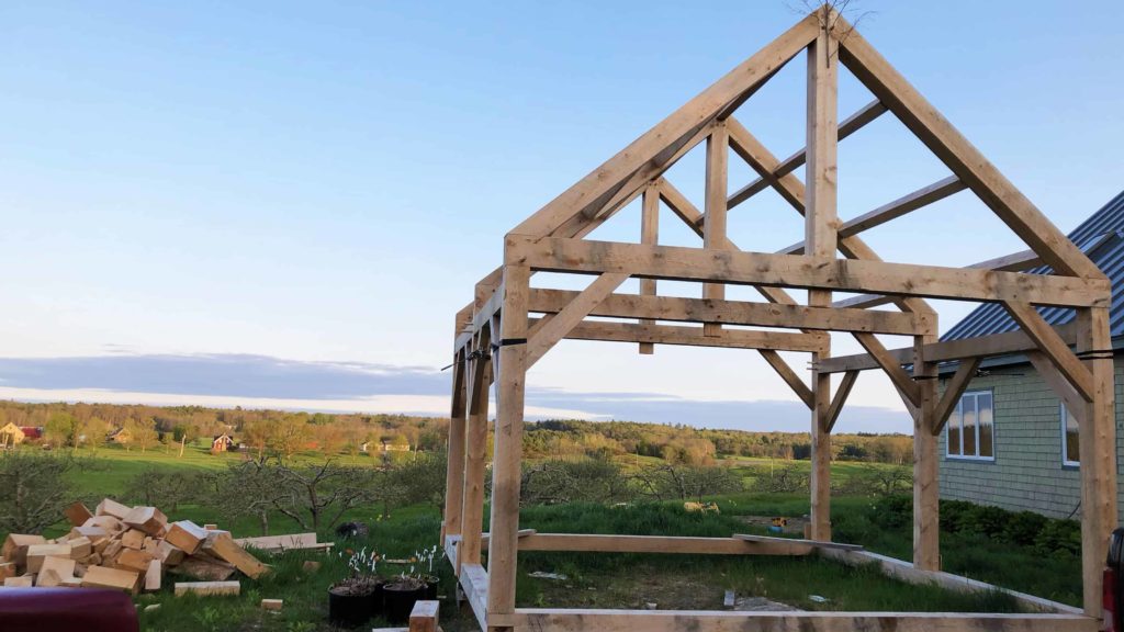 Laurel Gates sets up a timber frame near Pemaquid Point in Maine.