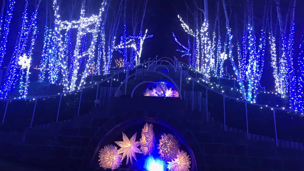 The Blue Stairs glow blue and silver at Winterlights at Naumkeag.
