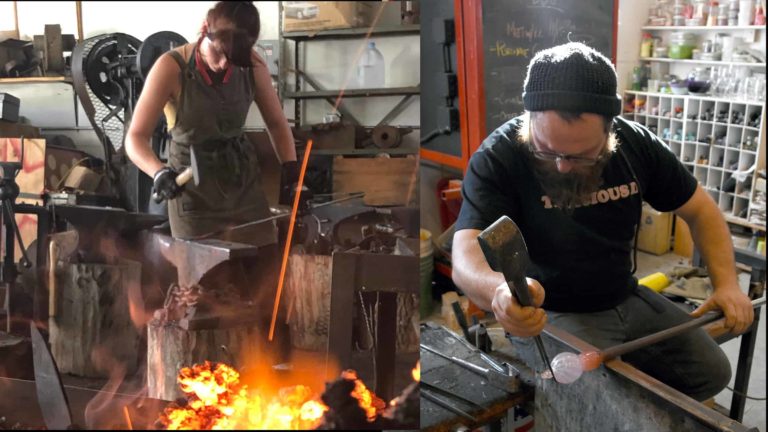 A glassblower and blacksmith work with fire at Salem Art Works.
