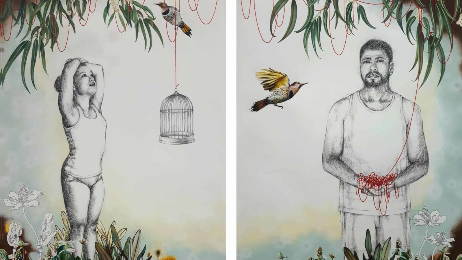 In Trinh Mai's diptych 'When We Became Trees,' a husband and wife find quiet in a garden in Southern California.