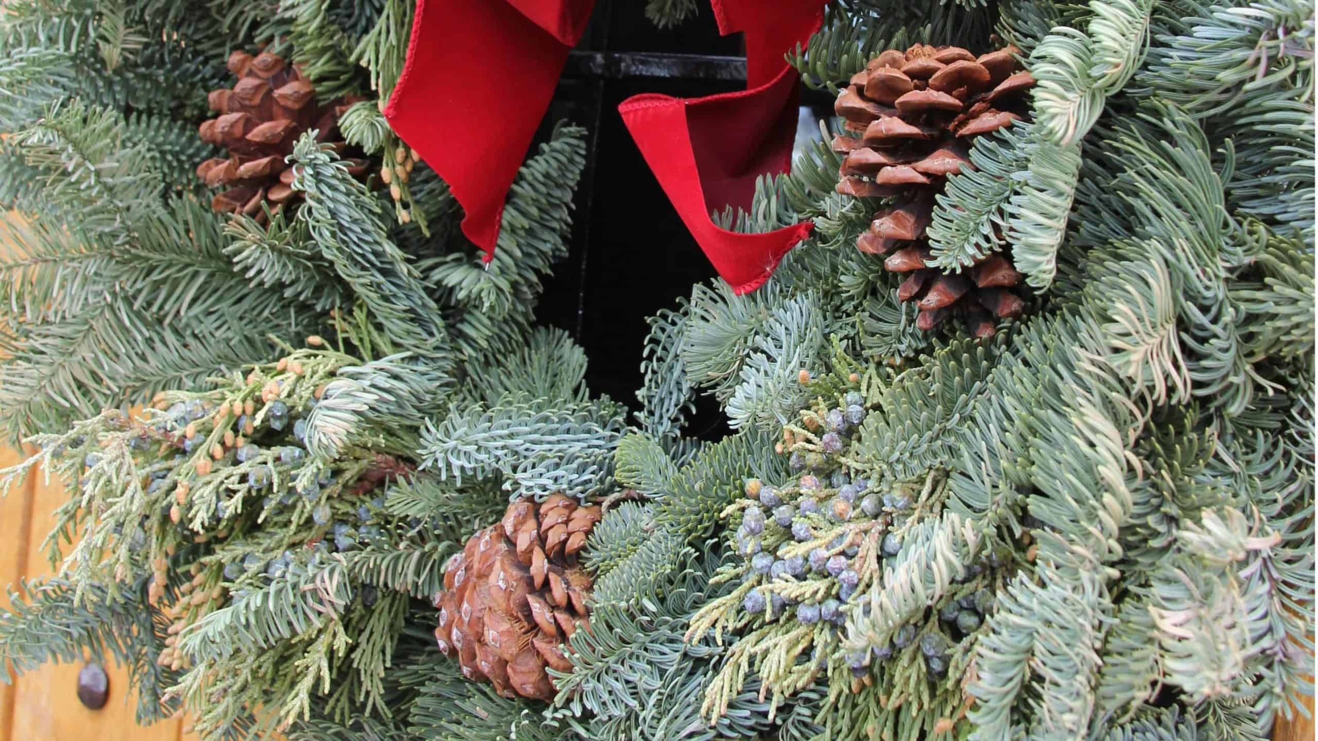 A wreath of evergreens hangs on a wooden door with iron hinges.