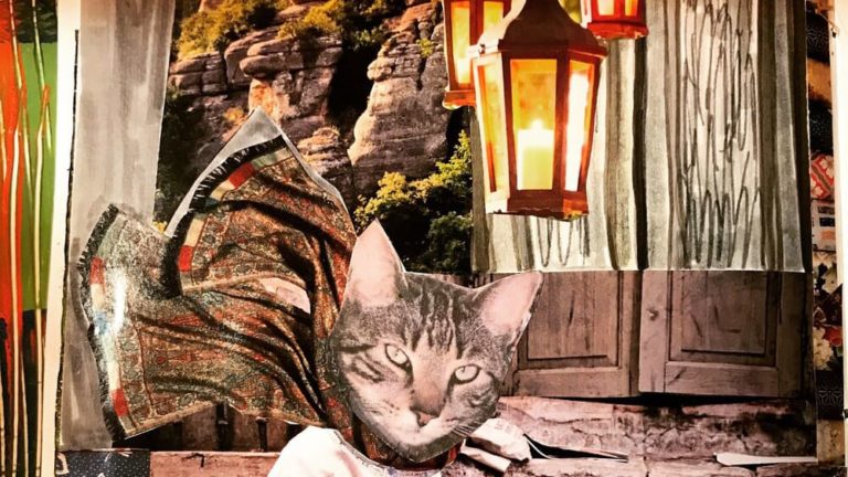 Karen Arp-Sandel's Dada Cat Kerouac collage explroes absurd convergences. Press photo courtesy of IS183 Art School.