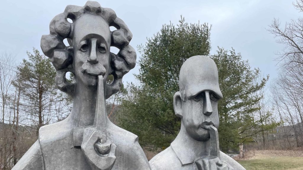 Vladimir Lemport's Albert Einstein and Niels Bohr share a pipe on a raw afternoon at Turn Park.