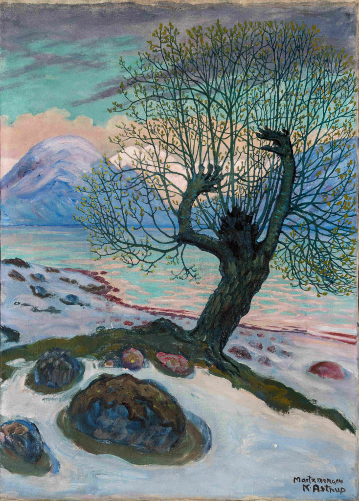 A pollarded willow stretches toward the sky like a man lifting his arms in A morning in March by Nikolai Astrup.