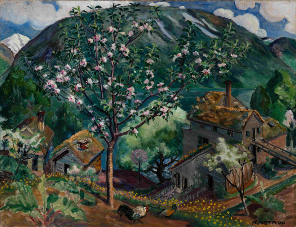 Blossom shows against a steep hillside in Nikolai Astrup's Apple Tree in Bloom.
