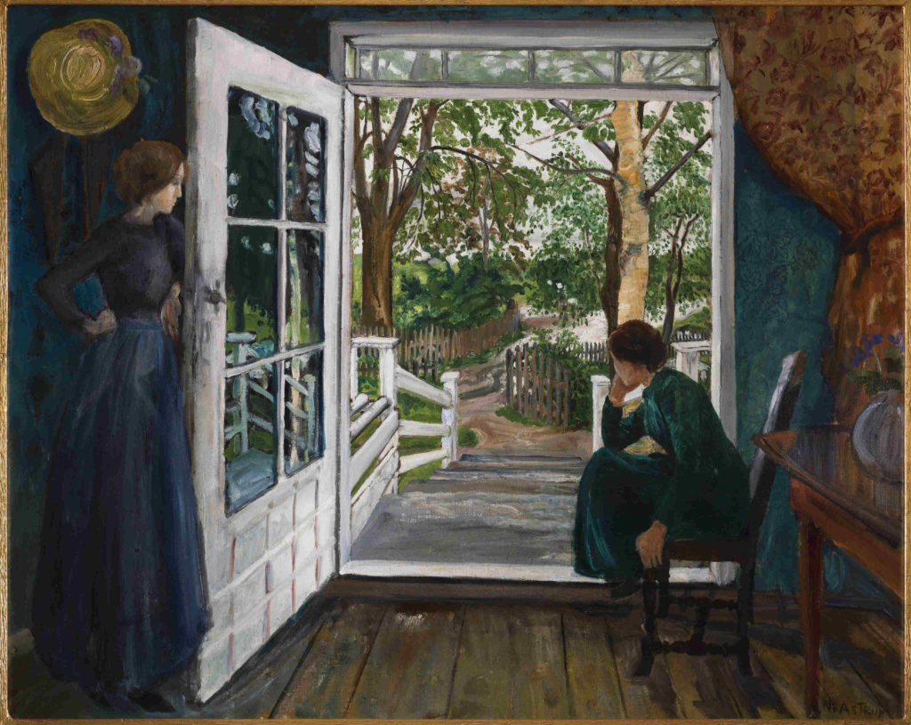Two women sit looking out into the garden in Nikolai Astrup's By the open Door.