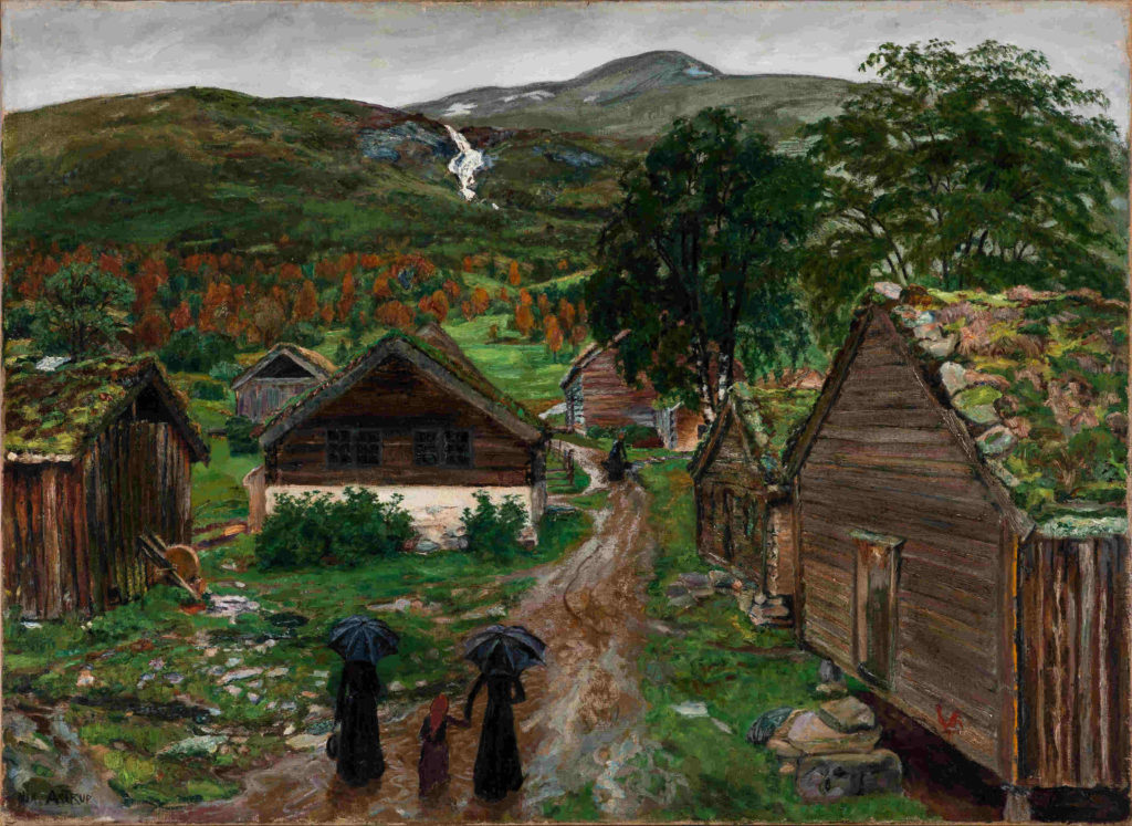 Women walk up an earth track in the rain in Nikolai Astrup's Farmstead in Jølster. KODE Art Museums and Composer Homes, Bergen. Image courtesy of the Clark Art Institute