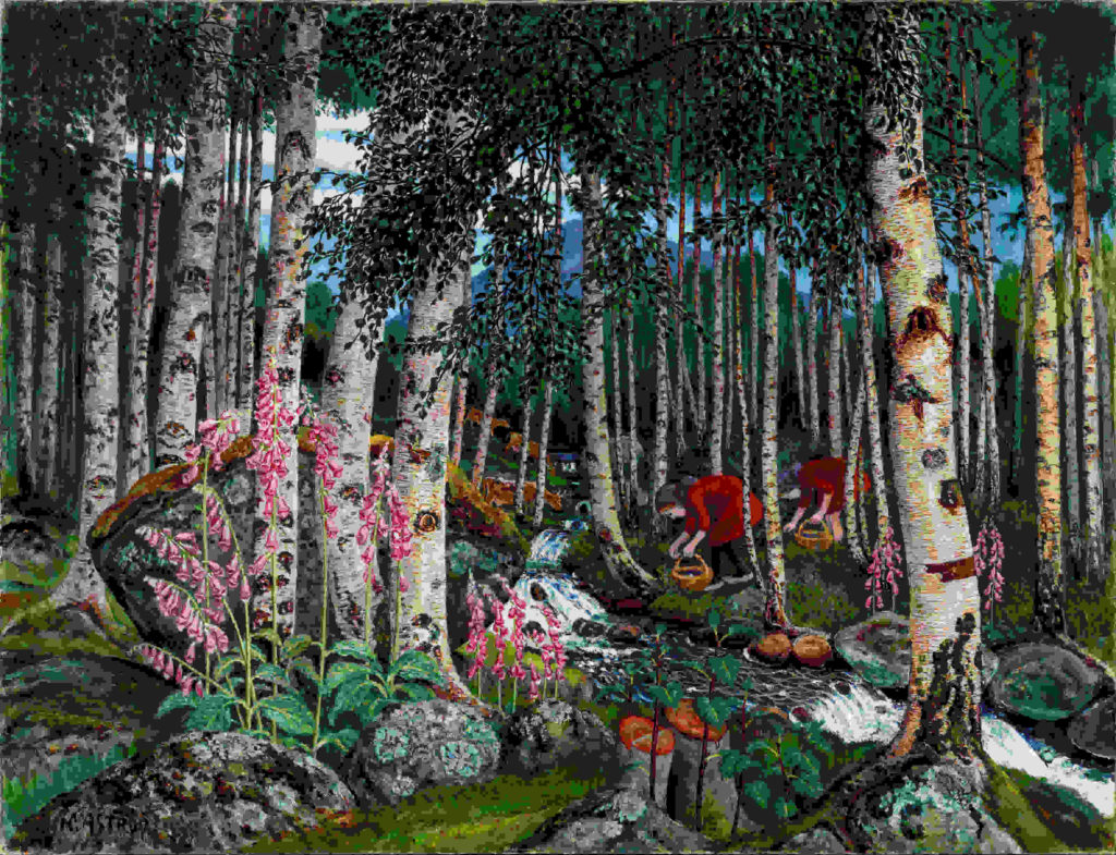 Nikolai Astrup creates a forest scene with foxgloves in bloom and girls in red dresses picking wild blueberries.