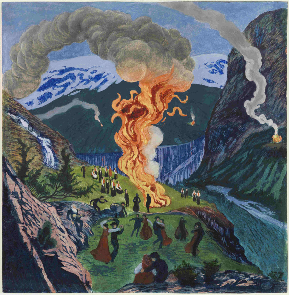Flame lights a hillside above a lake in Nikolai Astrup, Midsummer Eve Bonfire. Woodblock before 1917, private collection