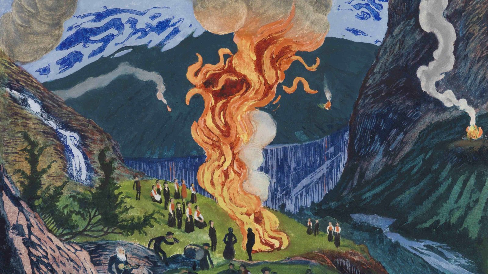 Flame lights a hillside above a lake in Nikolai Astrup, Midsummer Eve Bonfire. Woodblock before 1917, private collection. Image courtesy of the Clark Art Institute