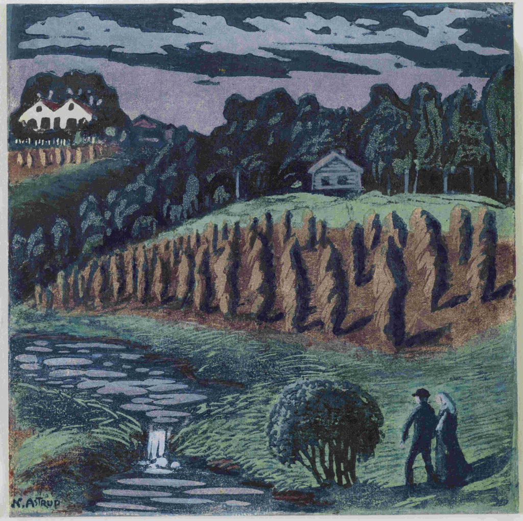 Grain poles hold grass to dry on a summer evening in Nikolai Astrup's 1904 woodblock print.