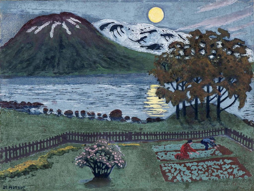 Nikoli Astrup created a woodblock print of his painting, 'The Moon in May, showing the garden on the lake shore at night. 1908 pring with hand coloring, collection of Nicolai Tangen, Oslo
