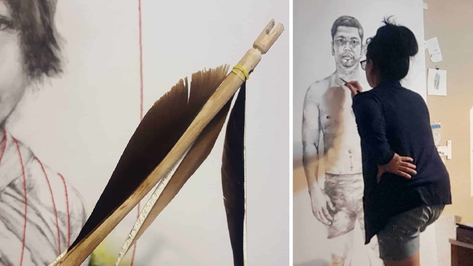 Trinh Mai creates arrows and draws a lifesized portrait of her husband, Hien, for an art installation in her studio in Southern California. Image courtesy of the artist. Images courtesy of the artist