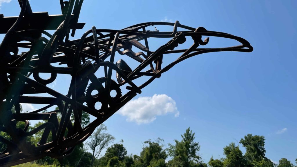 Joe Chirchirillo's metalwork Crow looks out over the meadow above the Bennington Museum.