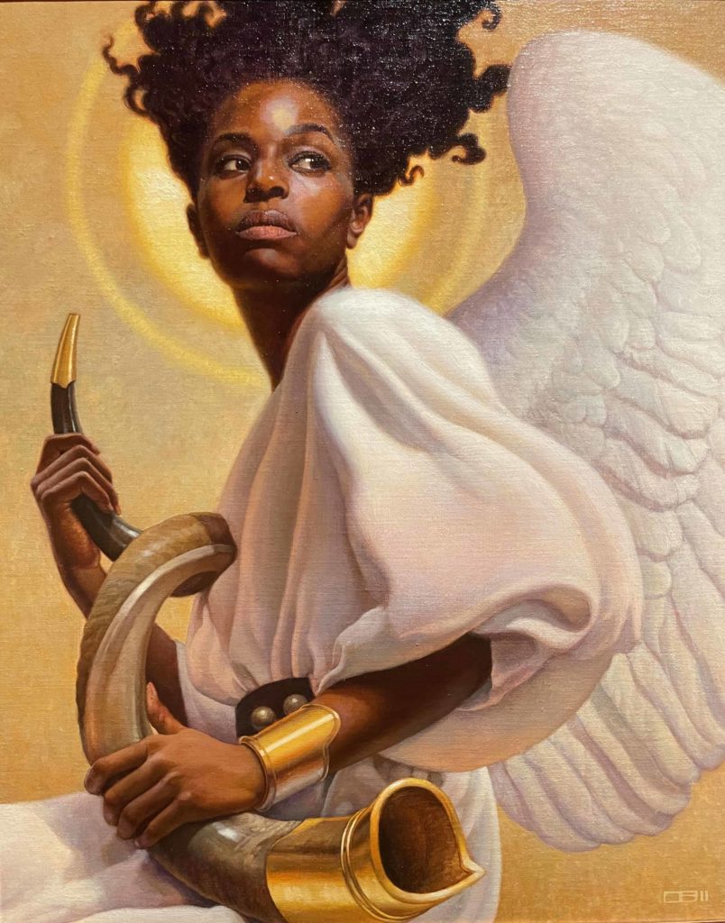 Thomas Blackshear's archangel carries a shofar, a ram's horn, in 'Enchanted' at the Norman Rockwell Museum. Press photo courtesy of the museum.