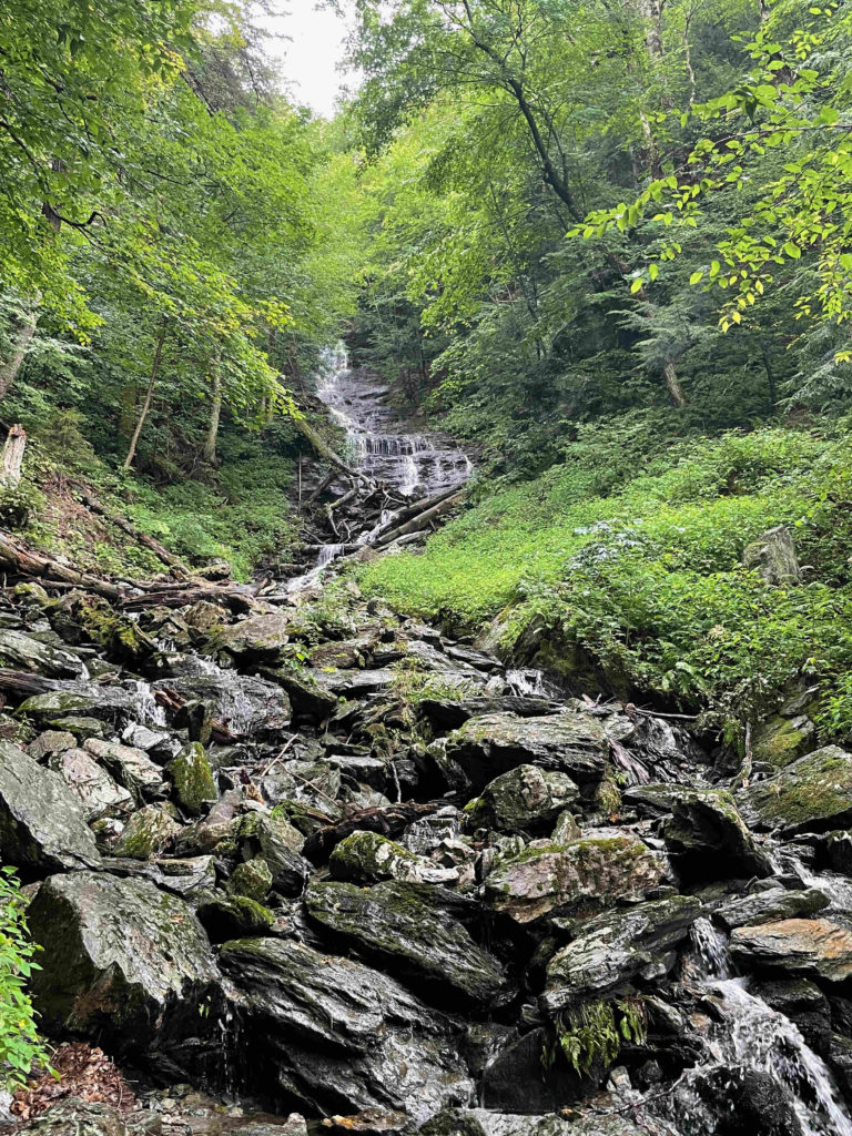 A waterfall rises vertically on the slope of Mount Greylock on the upper Money Brook trail.