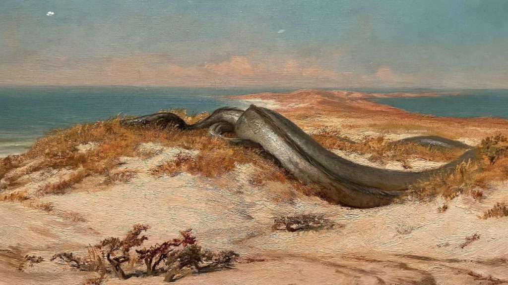 A mammoth gleaming creature basks on the sand dunes in Elihu Vedder's 'Lair of the Sea Serpent' in 'Enchanted' at the Norman Rockwell Museum. Press photo courtesy of the museum.