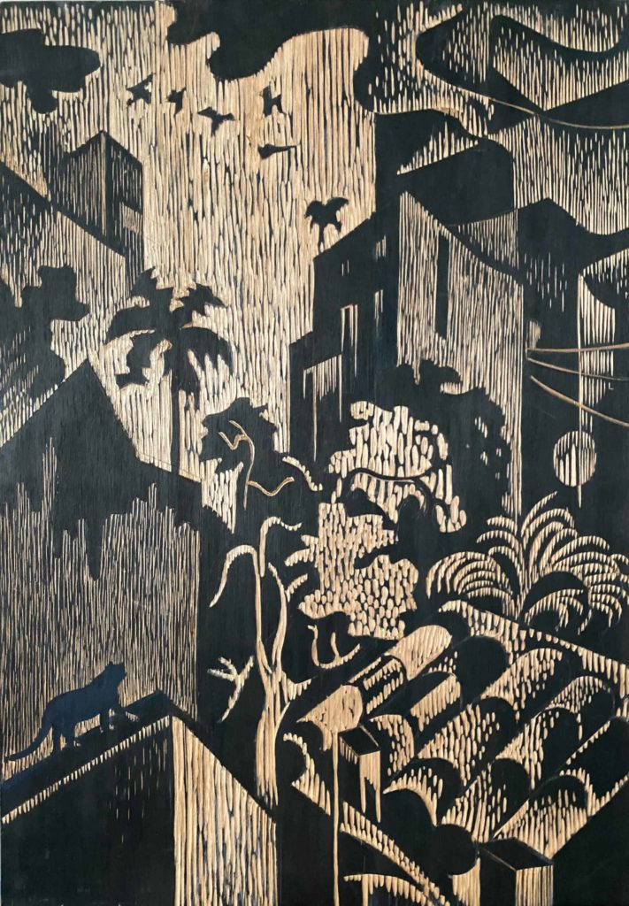 Palm trees the roofs of houses run down a steep hillside in Gloria Calderon Saenz 'Cali from my window.'