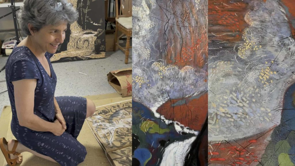 Artist Gloria Calderon Saenz shows brilliantly colorful prints in her studio in North Adams.