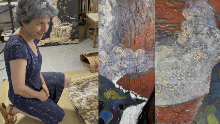 Artist Gloria Calderon Saenz shows brilliantly colorful prints in her studio in North Adams.