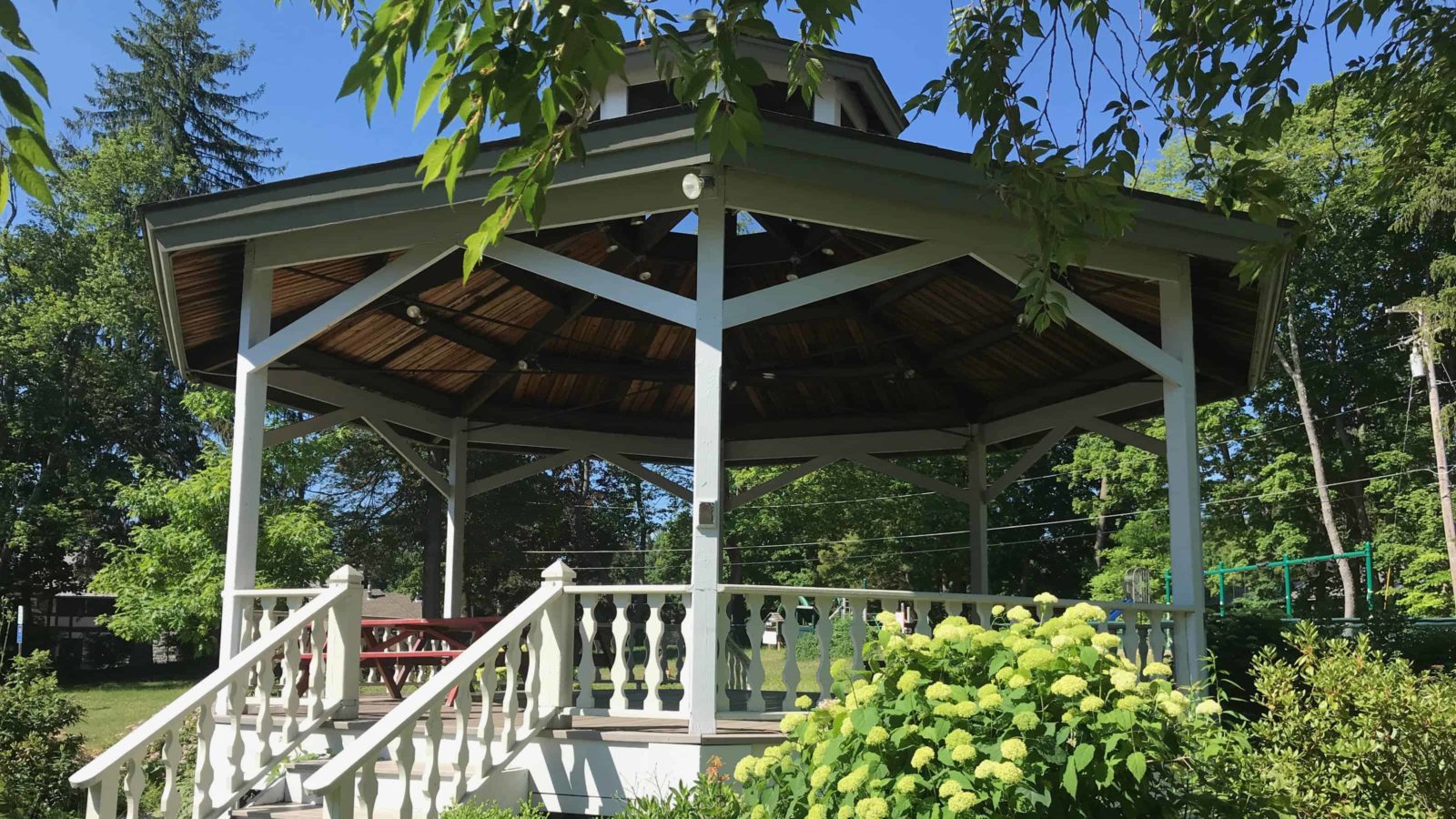 The gazebo in the park by the Great Barrington Town Hall stands offers shade on a sunny summer day.