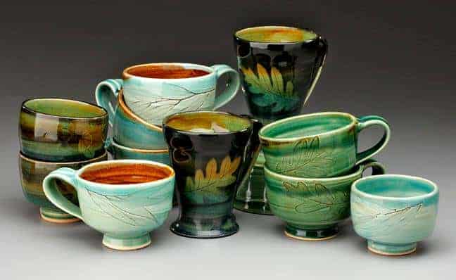 Berkshire potter Ellen Grenadier imprings cups with natural forms. Press photo courtesy of Roots Rising